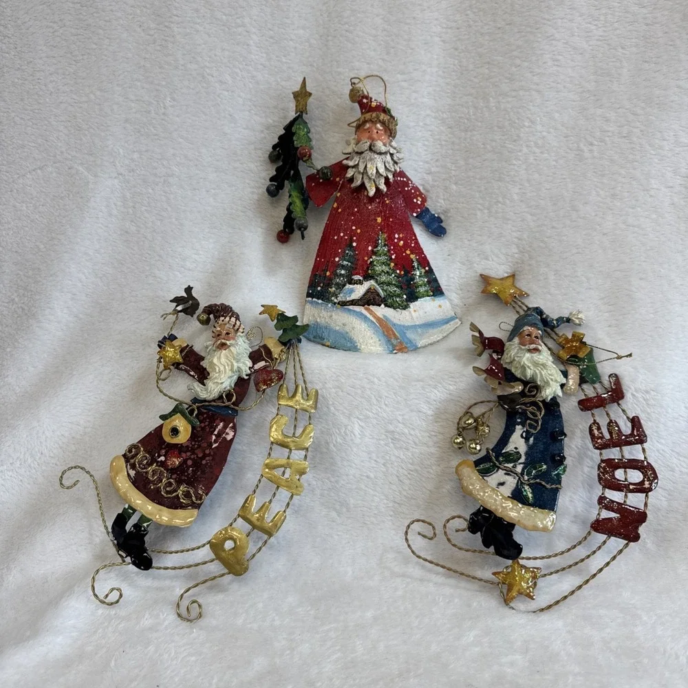 Set of 3 Vintage Style Santa Claus Christmas Ornaments Peace Noel Metal Folk Art